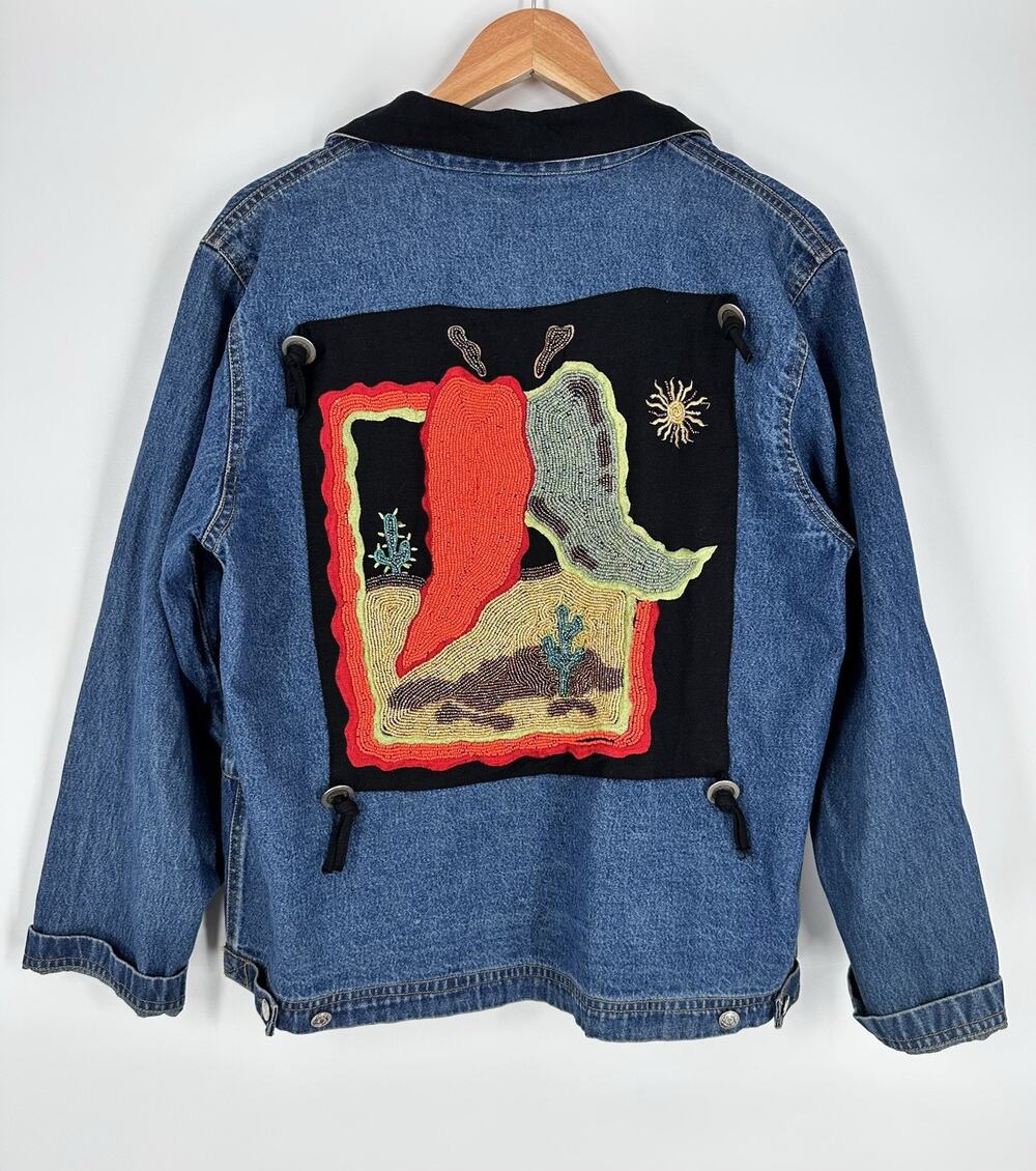 Vintage 90s Beaded Chili Peppers Southwestern Denim Jacket SZ Small Artsy Boho